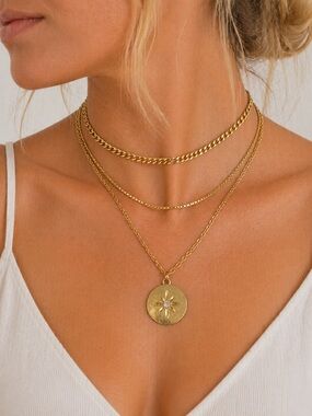 Layered Gold-Tone Necklace Set With Starburst Pendant & Crystal Accent minimalis